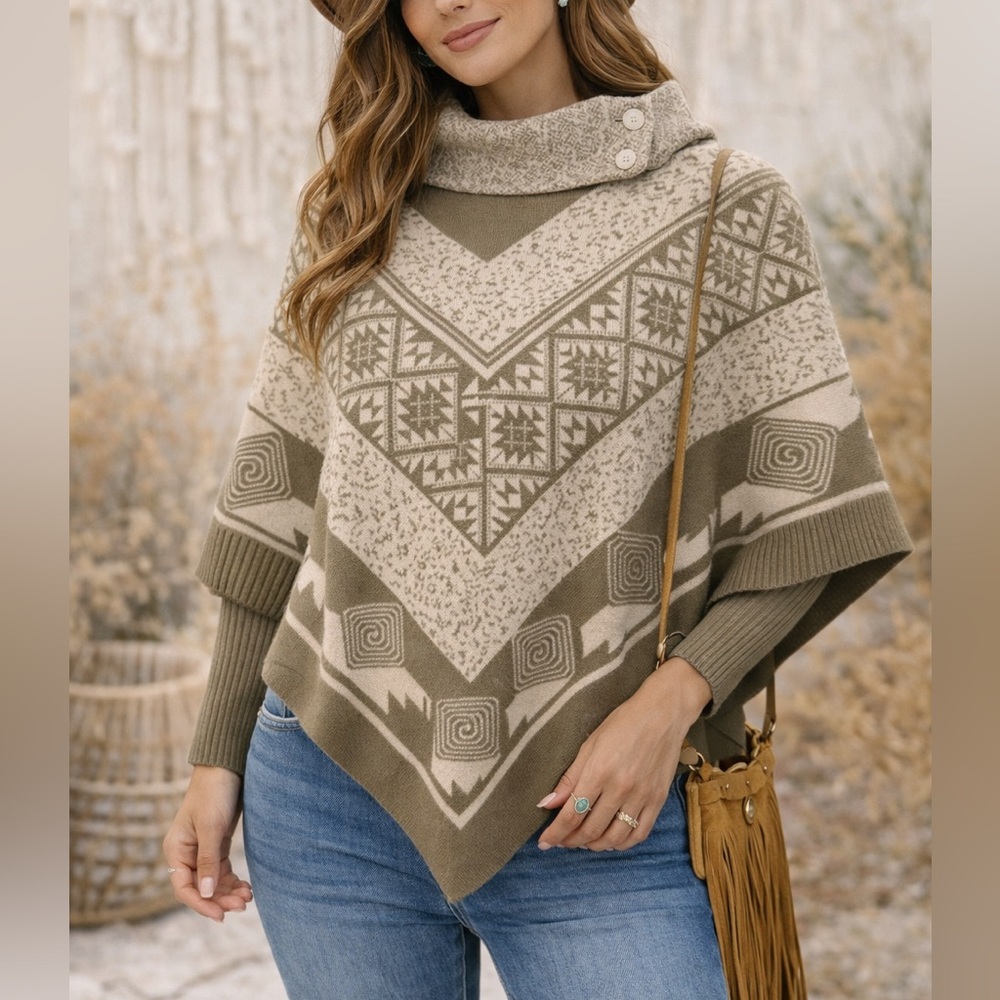 Boho Geometric Knit Poncho Sweater | Button Cowl Neck | Neutral Tan